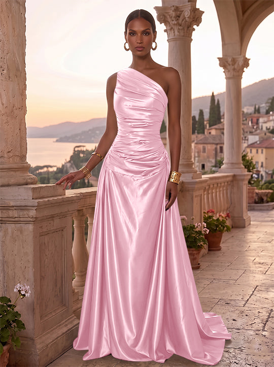 A-Line/Princess One-Shoulder Silk Satin Evening Dresses Sleeveless Ruched Floor-Length Formal Dresses