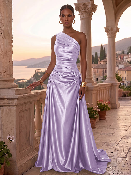 A-Line/Princess One-Shoulder Silk Satin Evening Dresses Sleeveless Ruched Floor-Length Formal Dresses