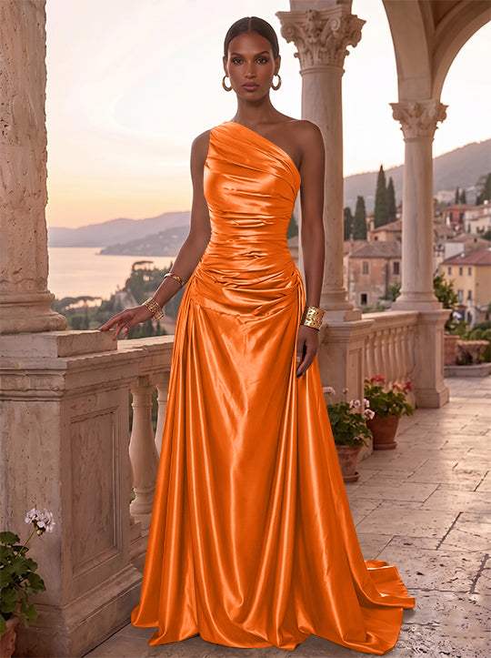 A-Line/Princess One-Shoulder Silk Satin Evening Dresses Sleeveless Ruched Floor-Length Formal Dresses