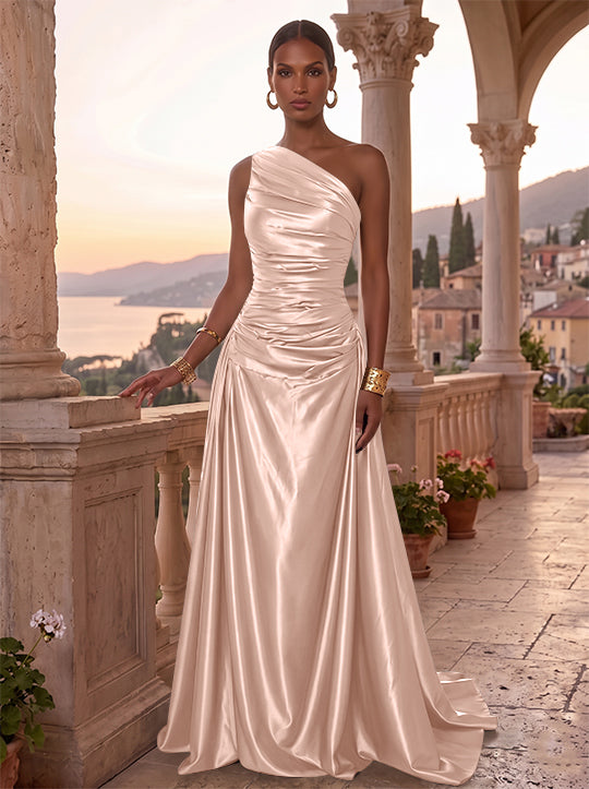 A-Line/Princess One-Shoulder Silk Satin Evening Dresses Sleeveless Ruched Floor-Length Formal Dresses
