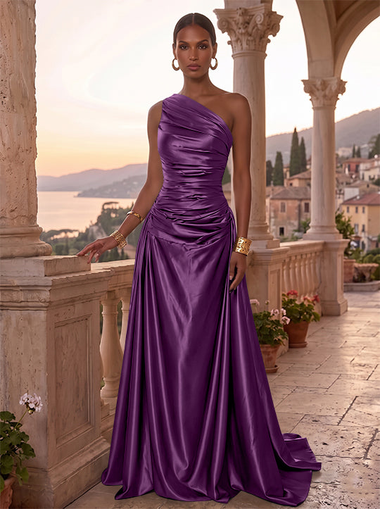 A-Line/Princess One-Shoulder Silk Satin Evening Dresses Sleeveless Ruched Floor-Length Formal Dresses