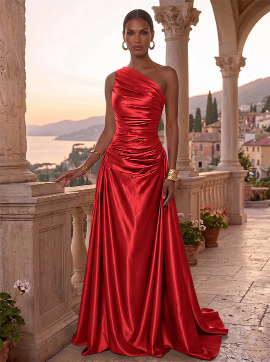 A-Line/Princess One-Shoulder Silk Satin Evening Dresses Sleeveless Ruched Floor-Length Formal Dresses
