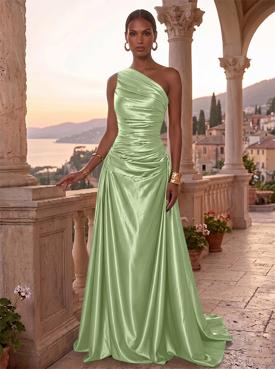 A-Line/Princess One-Shoulder Silk Satin Evening Dresses Sleeveless Ruched Floor-Length Formal Dresses