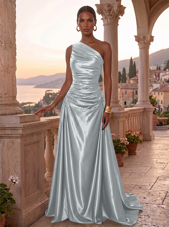 A-Line/Princess One-Shoulder Silk Satin Evening Dresses Sleeveless Ruched Floor-Length Formal Dresses