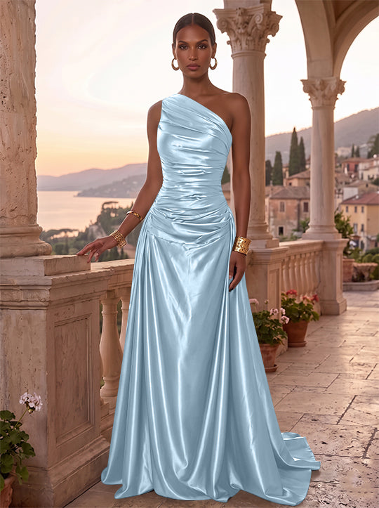 A-Line/Princess One-Shoulder Silk Satin Evening Dresses Sleeveless Ruched Floor-Length Formal Dresses