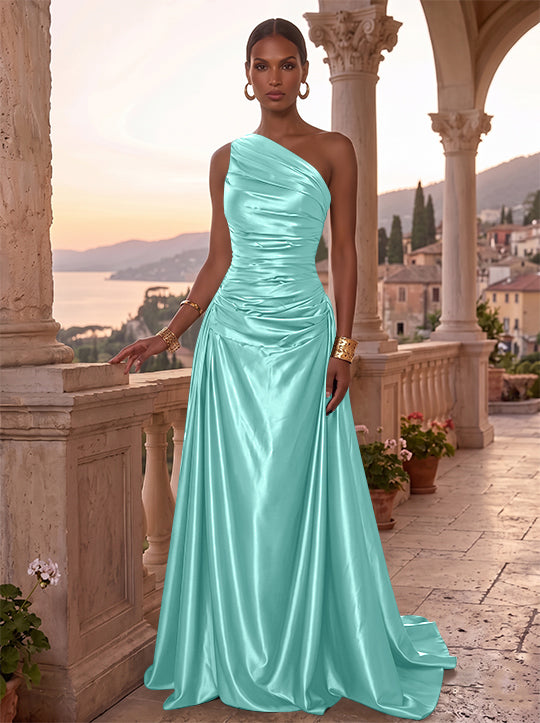 A-Line/Princess One-Shoulder Silk Satin Evening Dresses Sleeveless Ruched Floor-Length Formal Dresses