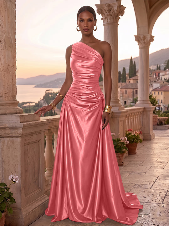 A-Line/Princess One-Shoulder Silk Satin Evening Dresses Sleeveless Ruched Floor-Length Formal Dresses