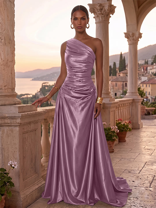 A-Line/Princess One-Shoulder Silk Satin Evening Dresses Sleeveless Ruched Floor-Length Formal Dresses