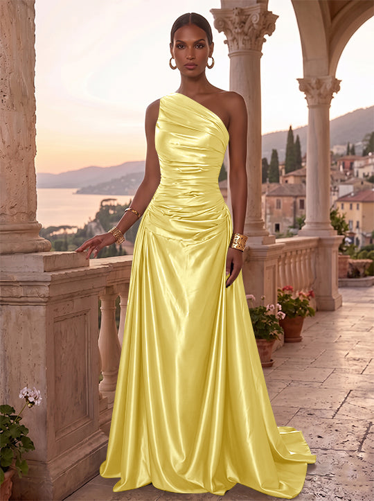 A-Line/Princess One-Shoulder Silk Satin Evening Dresses Sleeveless Ruched Floor-Length Formal Dresses