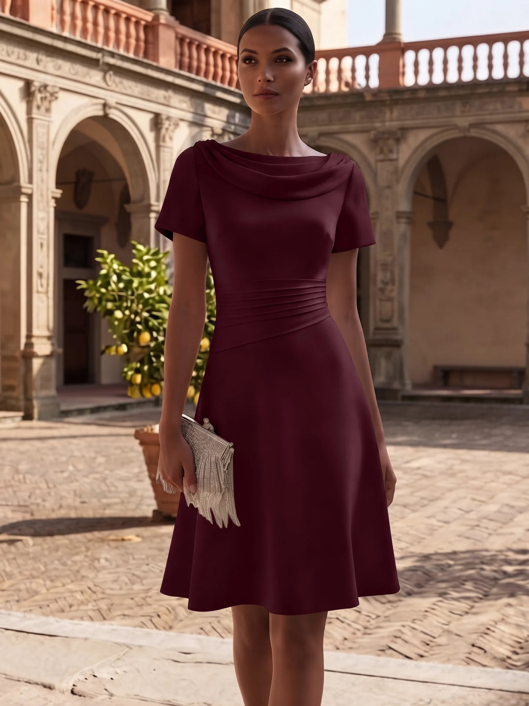 A-Line/Princess Cowl Neck Stretch Satin Cocktail Dresses Knee-Length Short Sleeves Little White Dresses Ruched Party Dresses