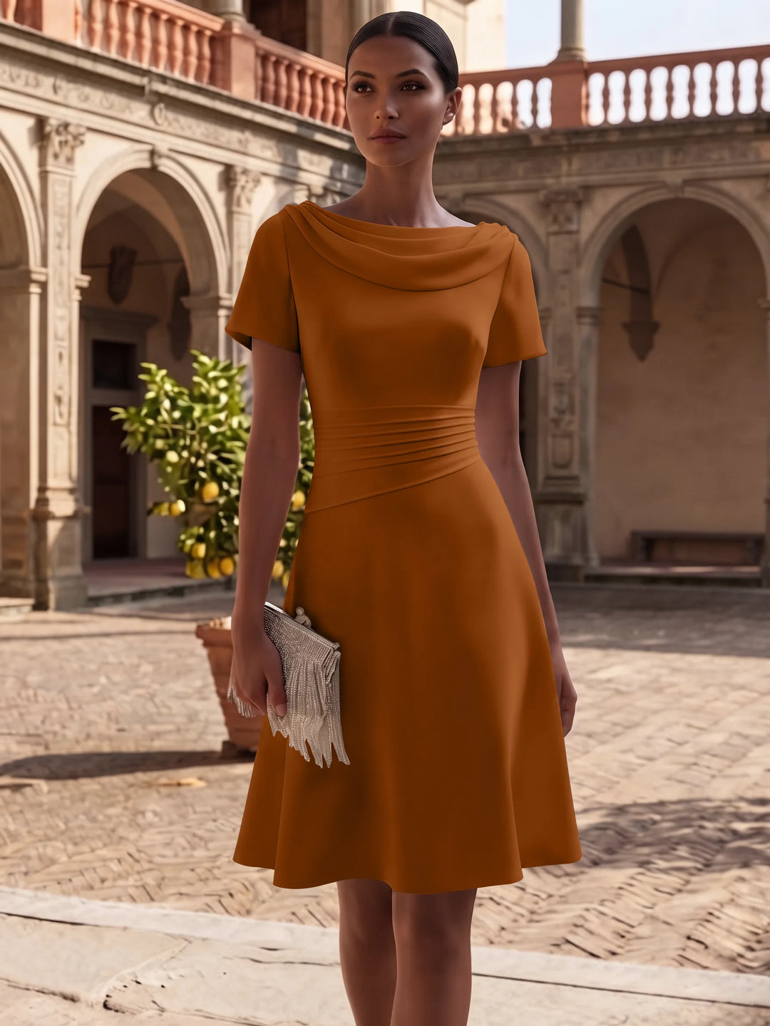 A-Line/Princess Cowl Neck Stretch Satin Cocktail Dresses Knee-Length Short Sleeves Little White Dresses Ruched Party Dresses