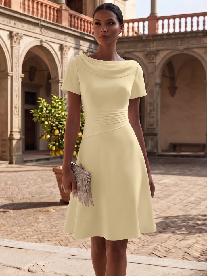 A-Line/Princess Cowl Neck Stretch Satin Cocktail Dresses Knee-Length Short Sleeves Little White Dresses Ruched Party Dresses