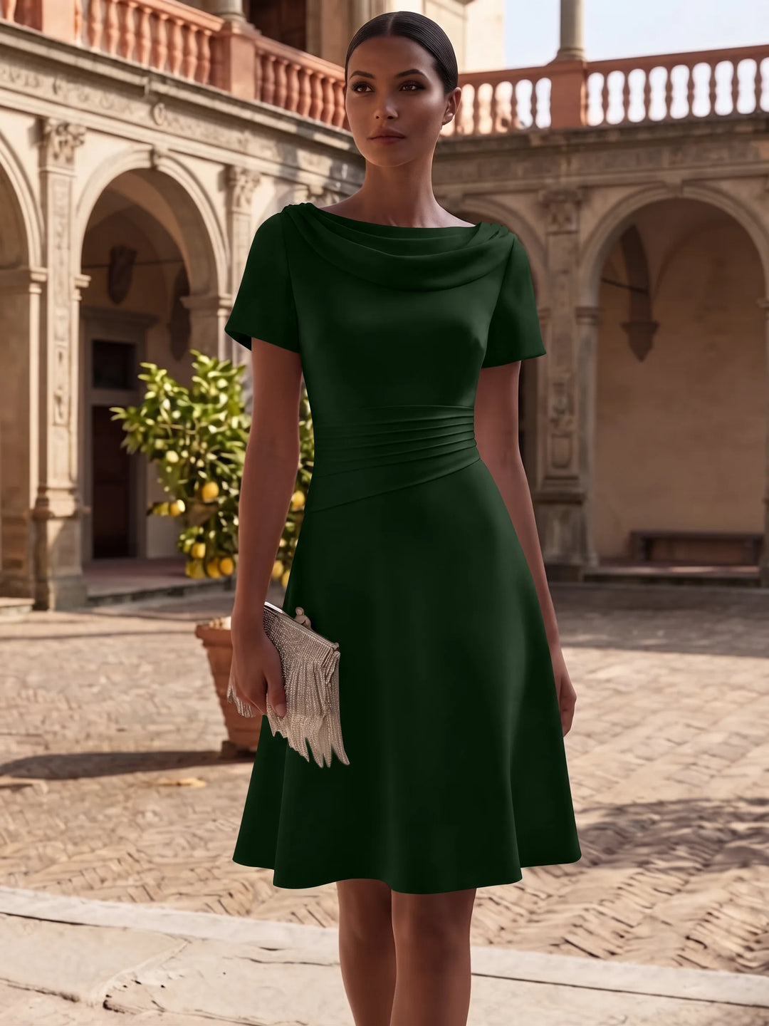 A-Line/Princess Cowl Neck Stretch Satin Cocktail Dresses Knee-Length Short Sleeves Little White Dresses Ruched Party Dresses