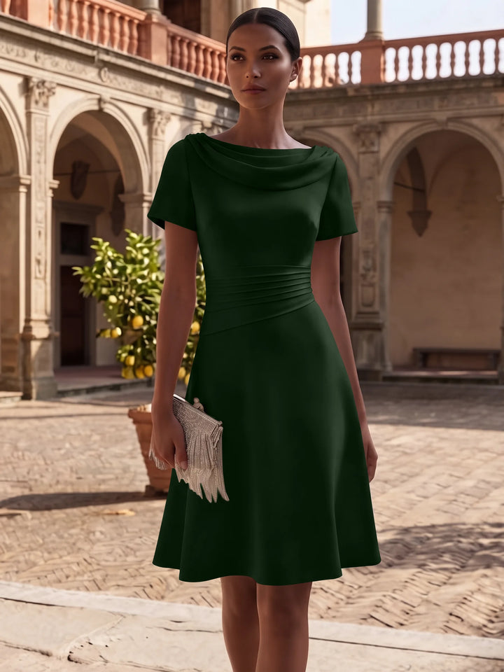 A-Line/Princess Cowl Neck Stretch Satin Cocktail Dresses Knee-Length Short Sleeves Little White Dresses Ruched Party Dresses