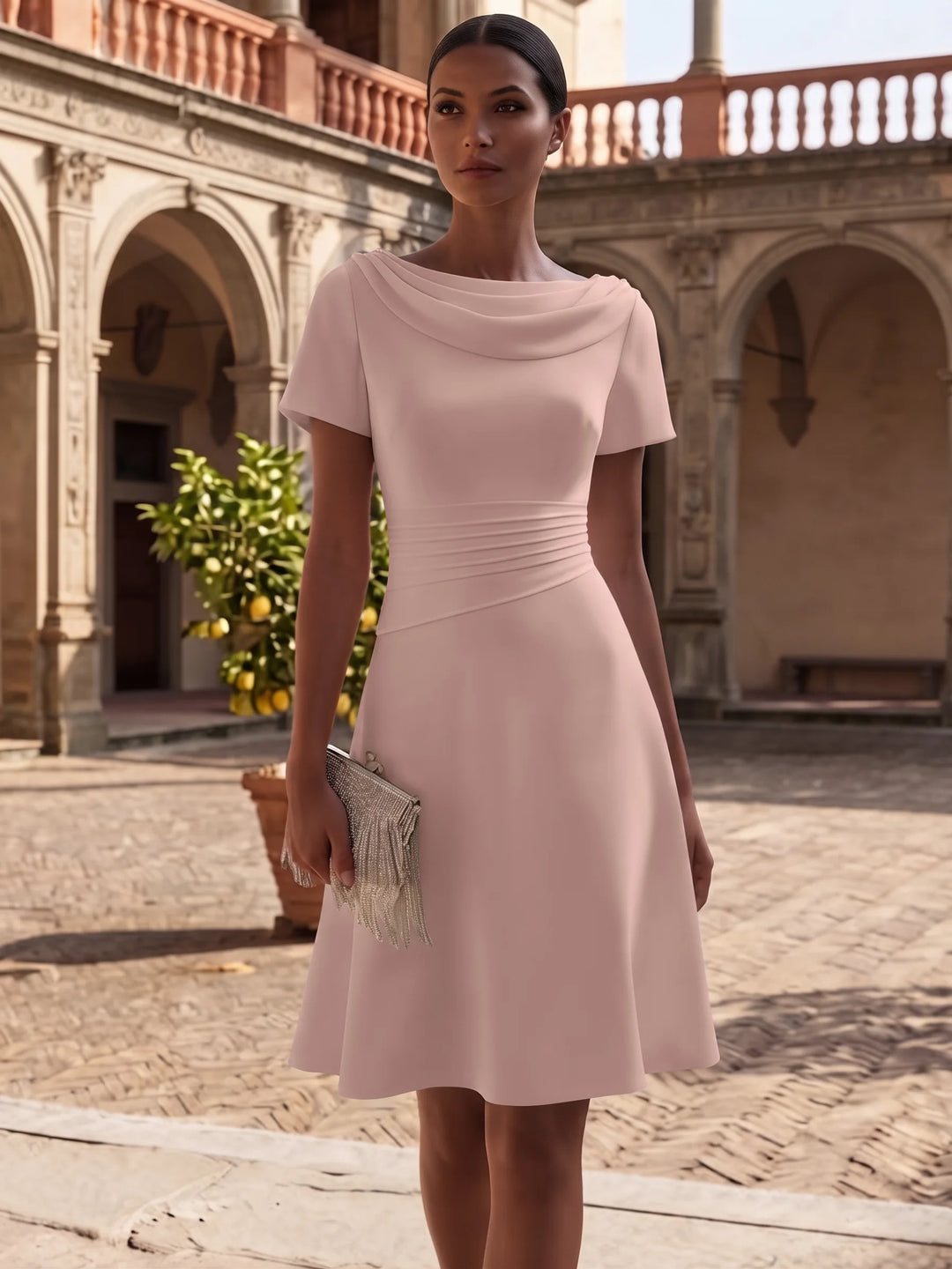 A-Line/Princess Cowl Neck Stretch Satin Cocktail Dresses Knee-Length Short Sleeves Little White Dresses Ruched Party Dresses