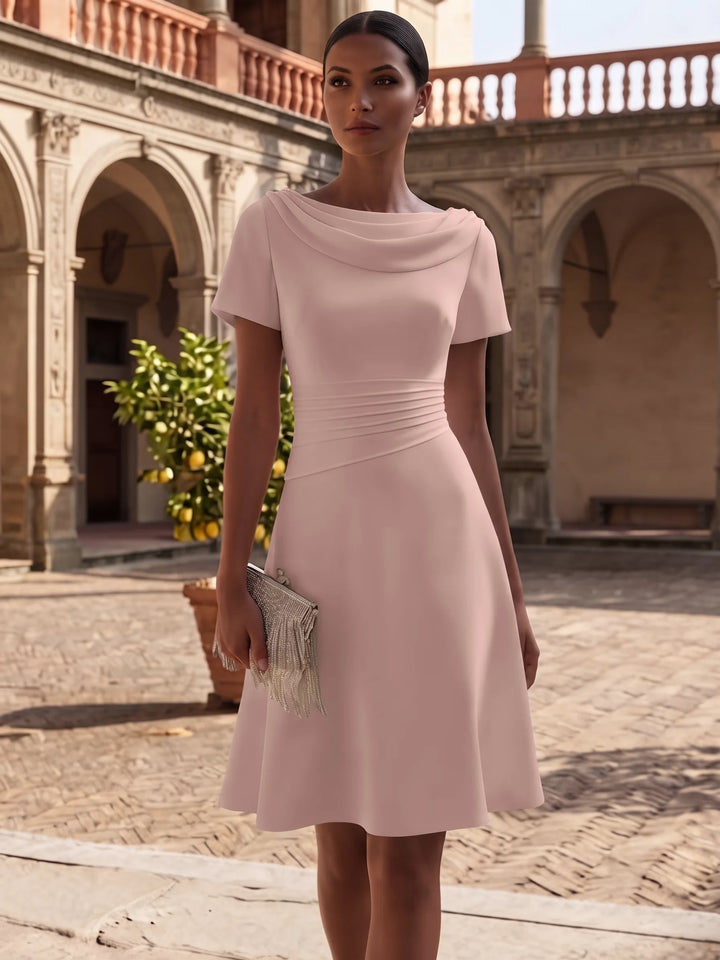A-Line/Princess Cowl Neck Stretch Satin Cocktail Dresses Knee-Length Short Sleeves Little White Dresses Ruched Party Dresses