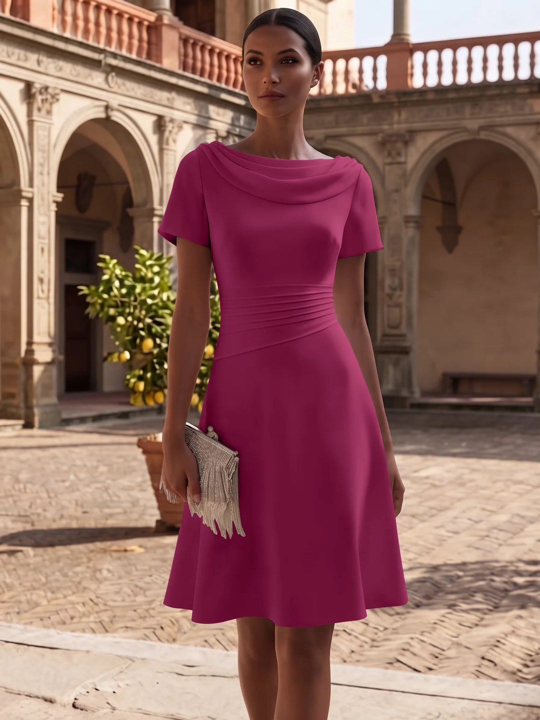 A-Line/Princess Cowl Neck Stretch Satin Cocktail Dresses Knee-Length Short Sleeves Little White Dresses Ruched Party Dresses