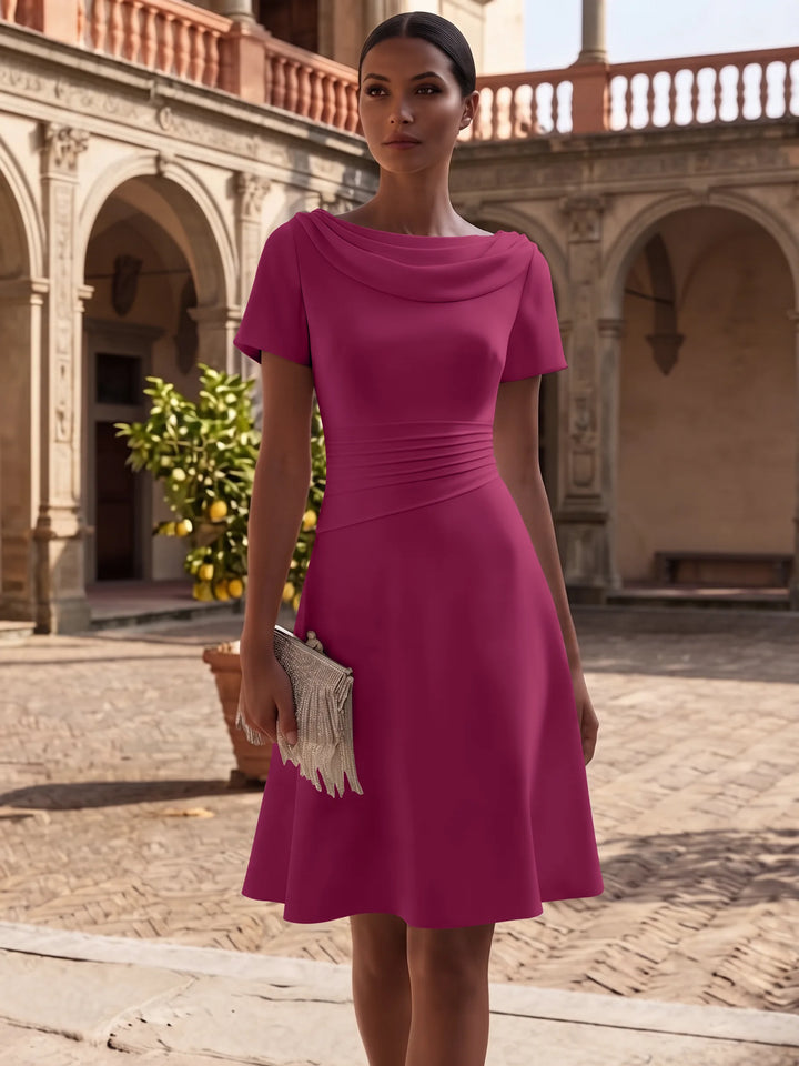 A-Line/Princess Cowl Neck Stretch Satin Cocktail Dresses Knee-Length Short Sleeves Little White Dresses Ruched Party Dresses