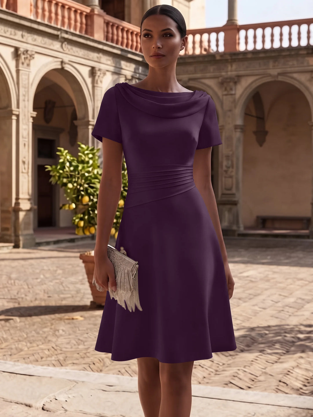 A-Line/Princess Cowl Neck Stretch Satin Cocktail Dresses Knee-Length Short Sleeves Little White Dresses Ruched Party Dresses