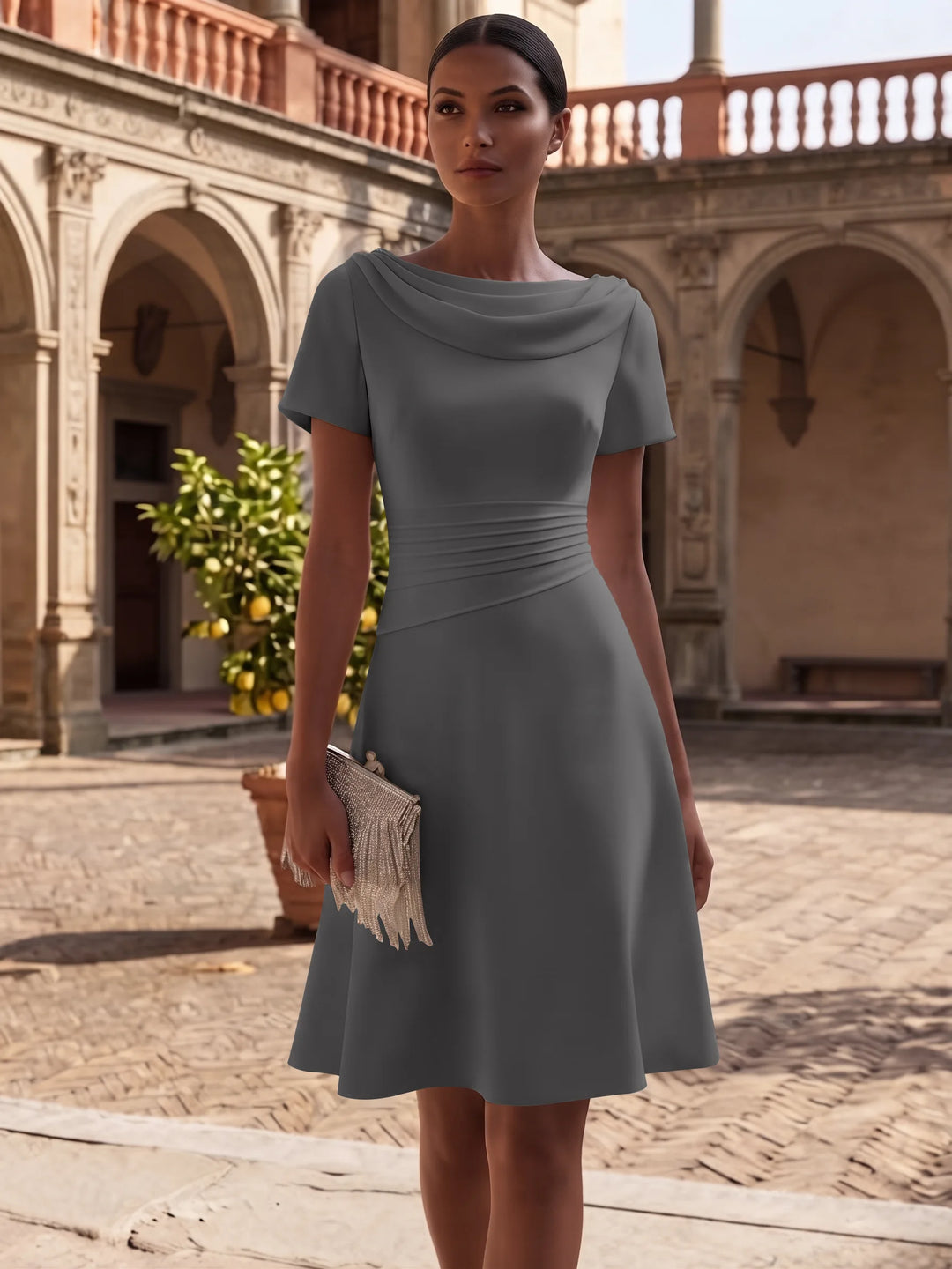 A-Line/Princess Cowl Neck Stretch Satin Cocktail Dresses Knee-Length Short Sleeves Little White Dresses Ruched Party Dresses