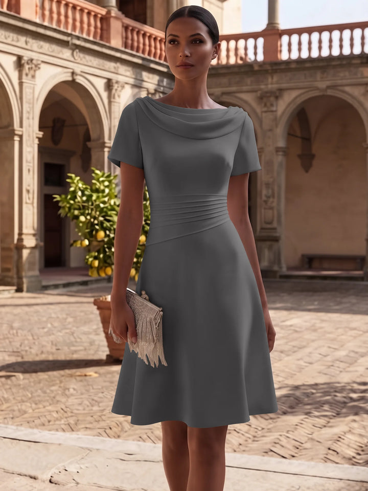 A-Line/Princess Cowl Neck Stretch Satin Cocktail Dresses Knee-Length Short Sleeves Little White Dresses Ruched Party Dresses