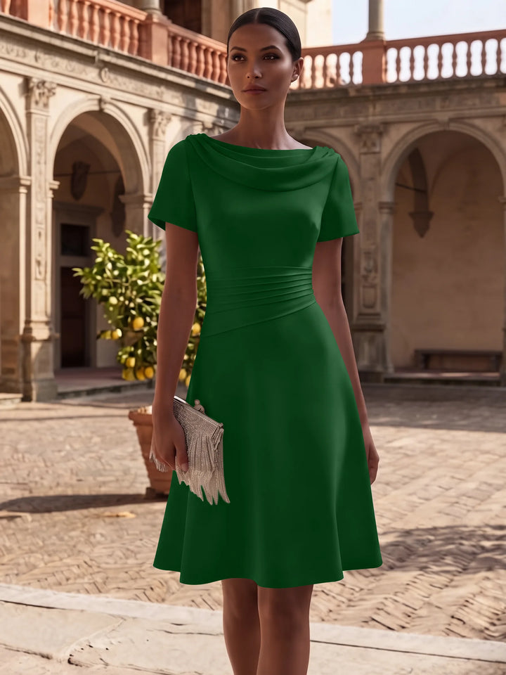 A-Line/Princess Cowl Neck Stretch Satin Cocktail Dresses Knee-Length Short Sleeves Little White Dresses Ruched Party Dresses