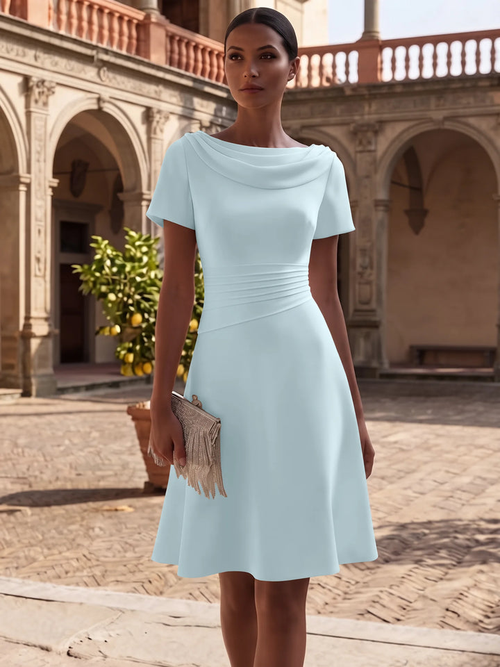 A-Line/Princess Cowl Neck Stretch Satin Cocktail Dresses Knee-Length Short Sleeves Little White Dresses Ruched Party Dresses