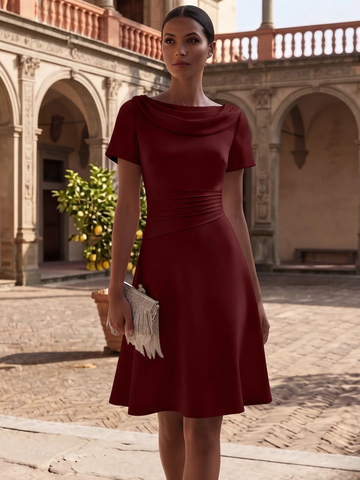 A-Line/Princess Cowl Neck Stretch Satin Cocktail Dresses Knee-Length Short Sleeves Little White Dresses Ruched Party Dresses