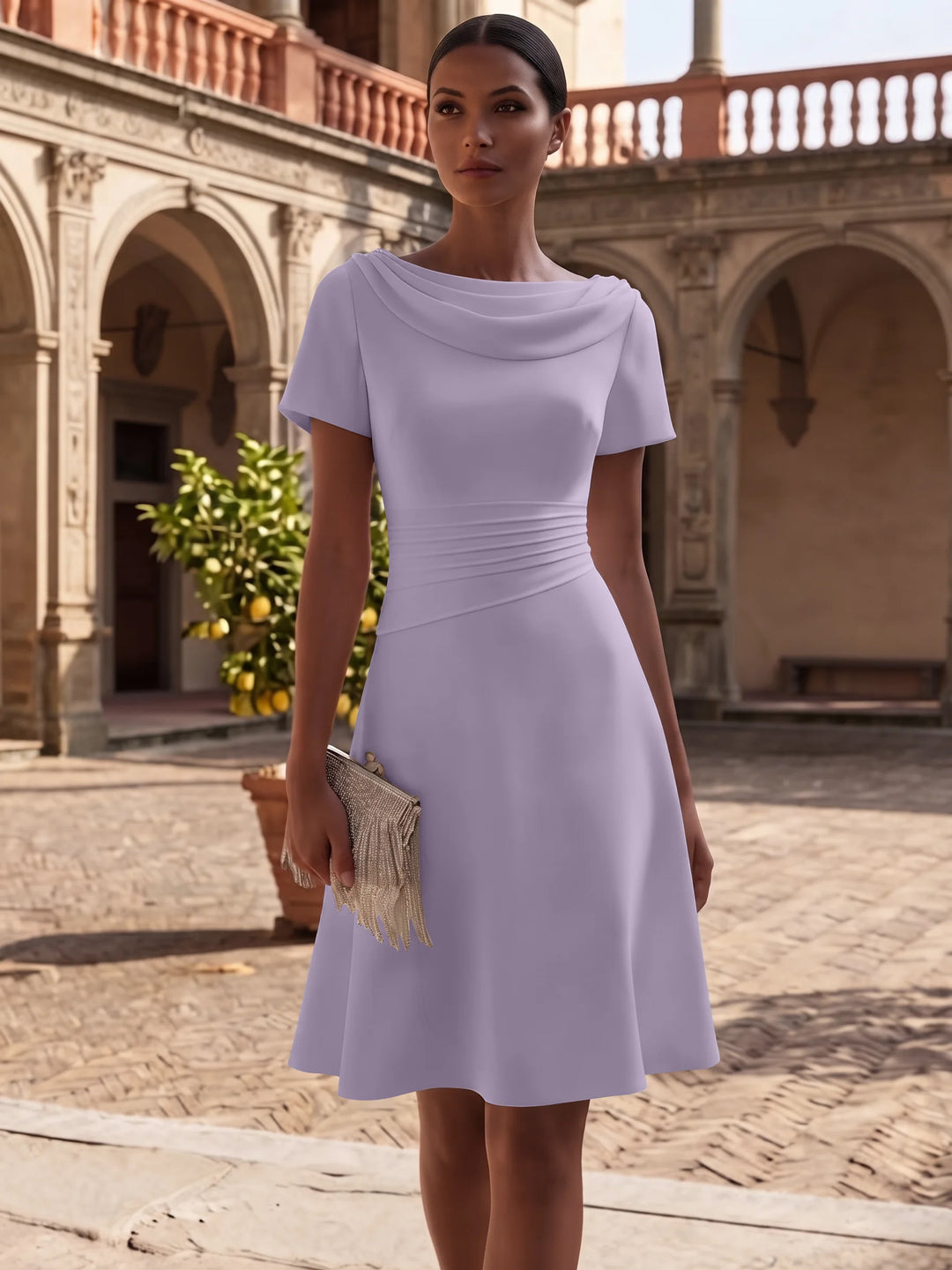 A-Line/Princess Cowl Neck Stretch Satin Cocktail Dresses Knee-Length Short Sleeves Little White Dresses Ruched Party Dresses