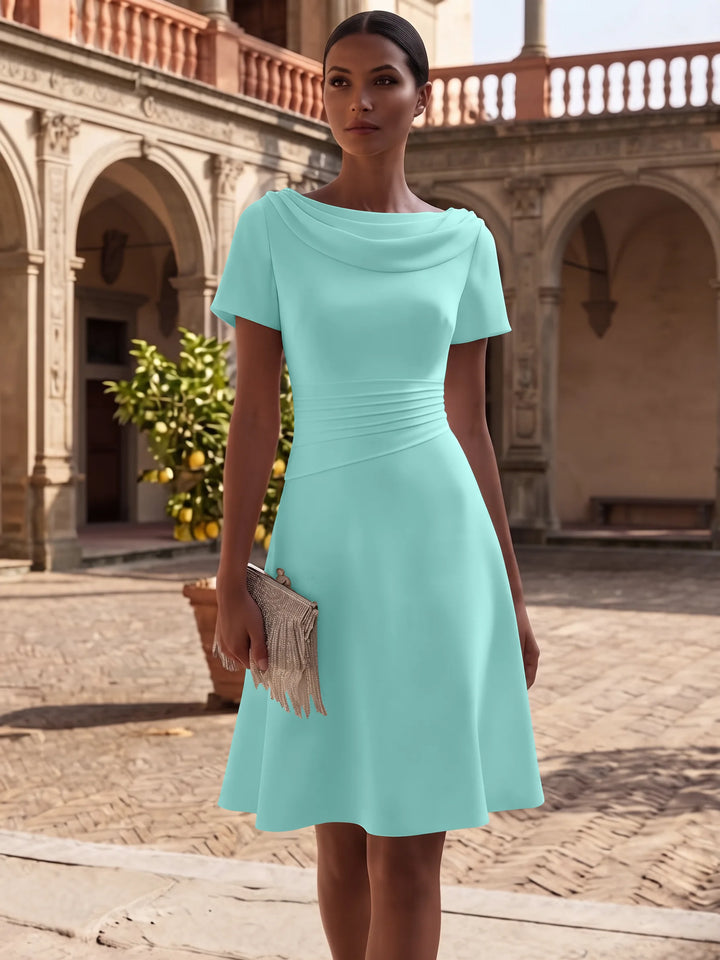 A-Line/Princess Cowl Neck Stretch Satin Cocktail Dresses Knee-Length Short Sleeves Little White Dresses Ruched Party Dresses