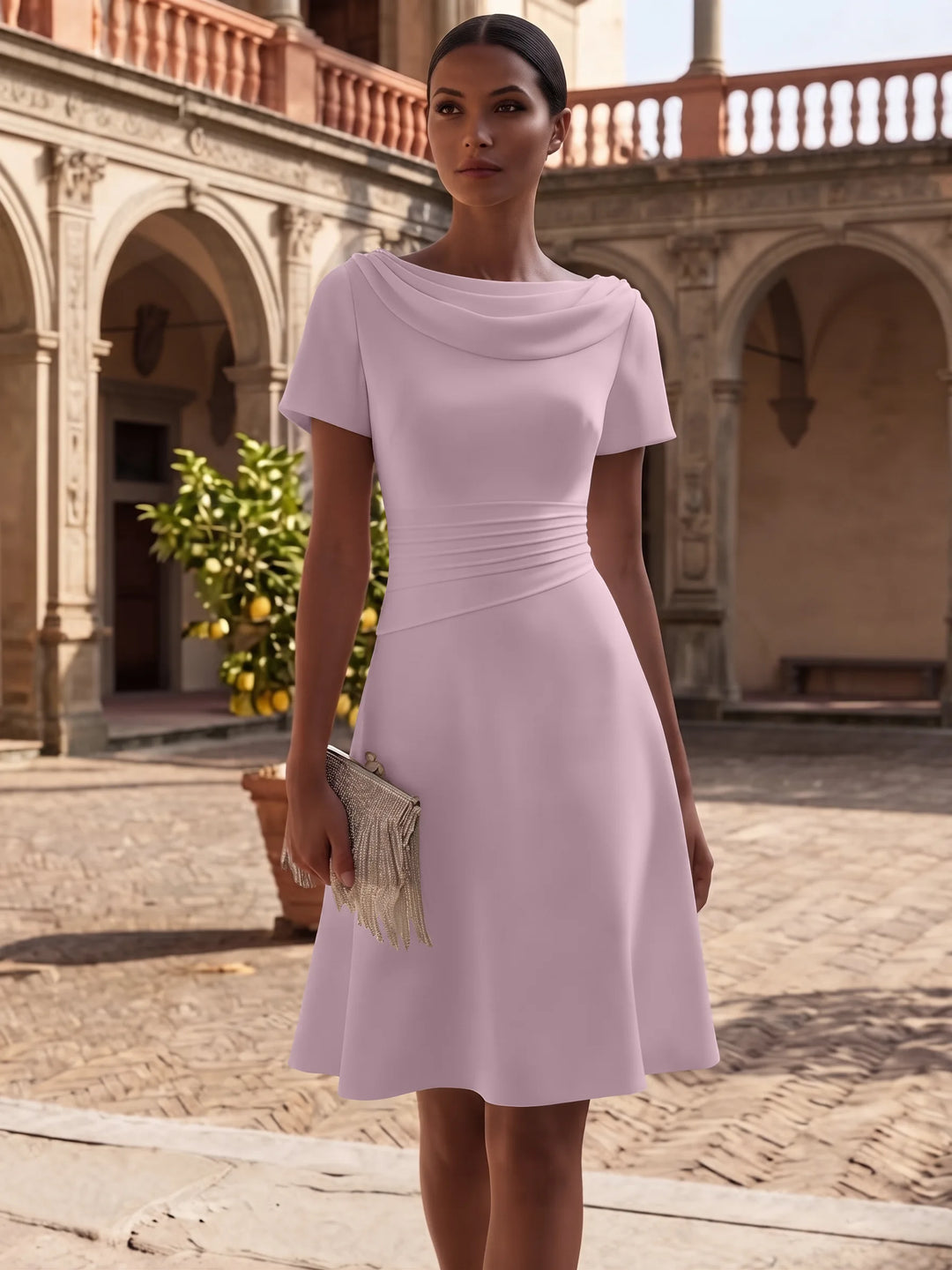 A-Line/Princess Cowl Neck Stretch Satin Cocktail Dresses Knee-Length Short Sleeves Little White Dresses Ruched Party Dresses