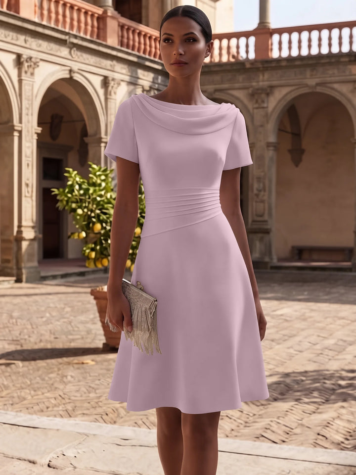 A-Line/Princess Cowl Neck Stretch Satin Cocktail Dresses Knee-Length Short Sleeves Little White Dresses Ruched Party Dresses
