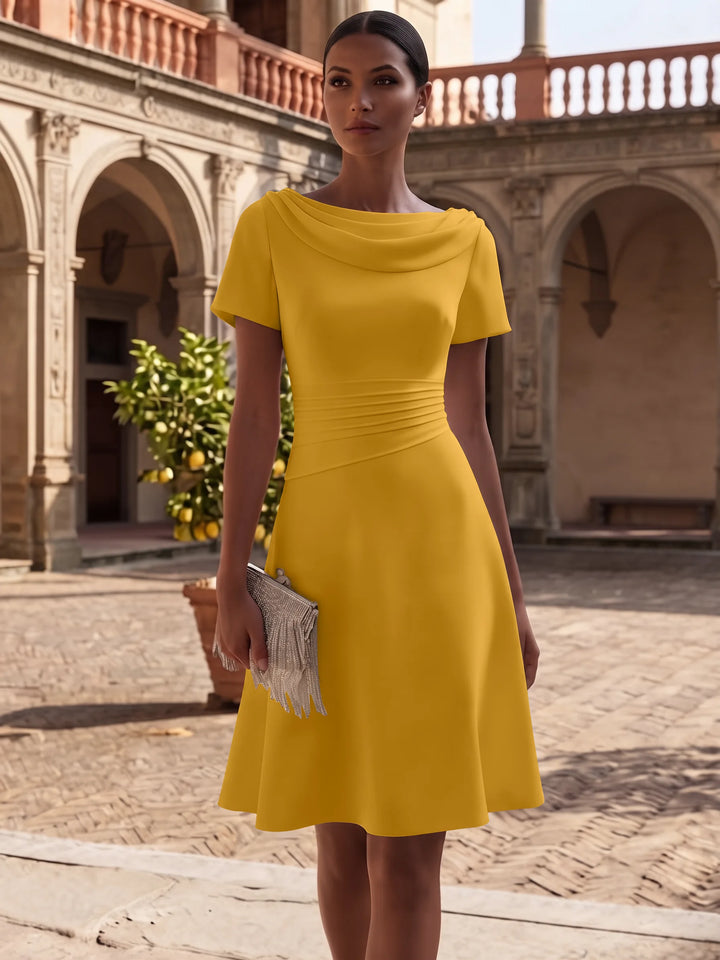 A-Line/Princess Cowl Neck Stretch Satin Cocktail Dresses Knee-Length Short Sleeves Little White Dresses Ruched Party Dresses
