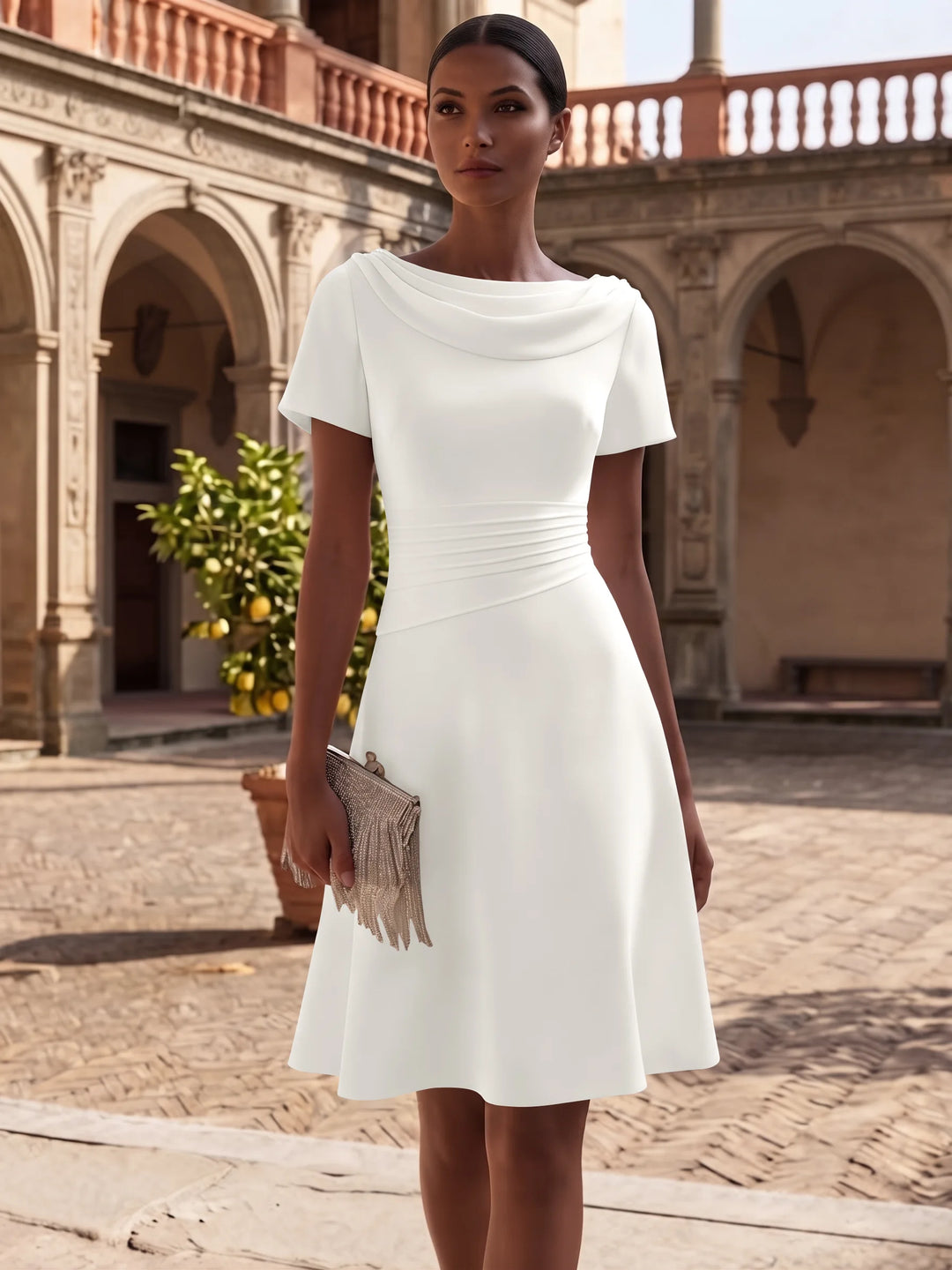 A-Line/Princess Cowl Neck Stretch Satin Cocktail Dresses Knee-Length Short Sleeves Little White Dresses Ruched Party Dresses