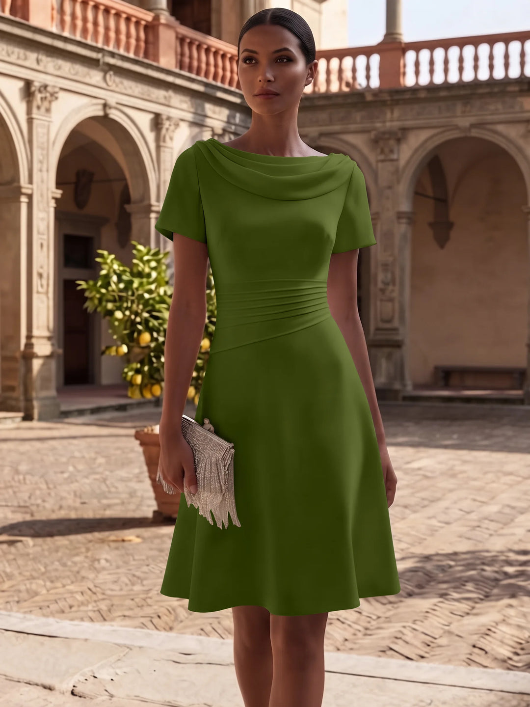 A-Line/Princess Cowl Neck Stretch Satin Cocktail Dresses Knee-Length Short Sleeves Little White Dresses Ruched Party Dresses