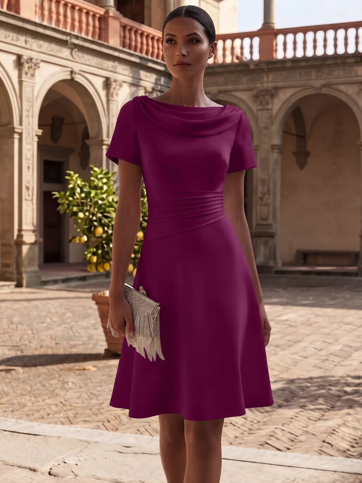 A-Line/Princess Cowl Neck Stretch Satin Cocktail Dresses Knee-Length Short Sleeves Little White Dresses Ruched Party Dresses