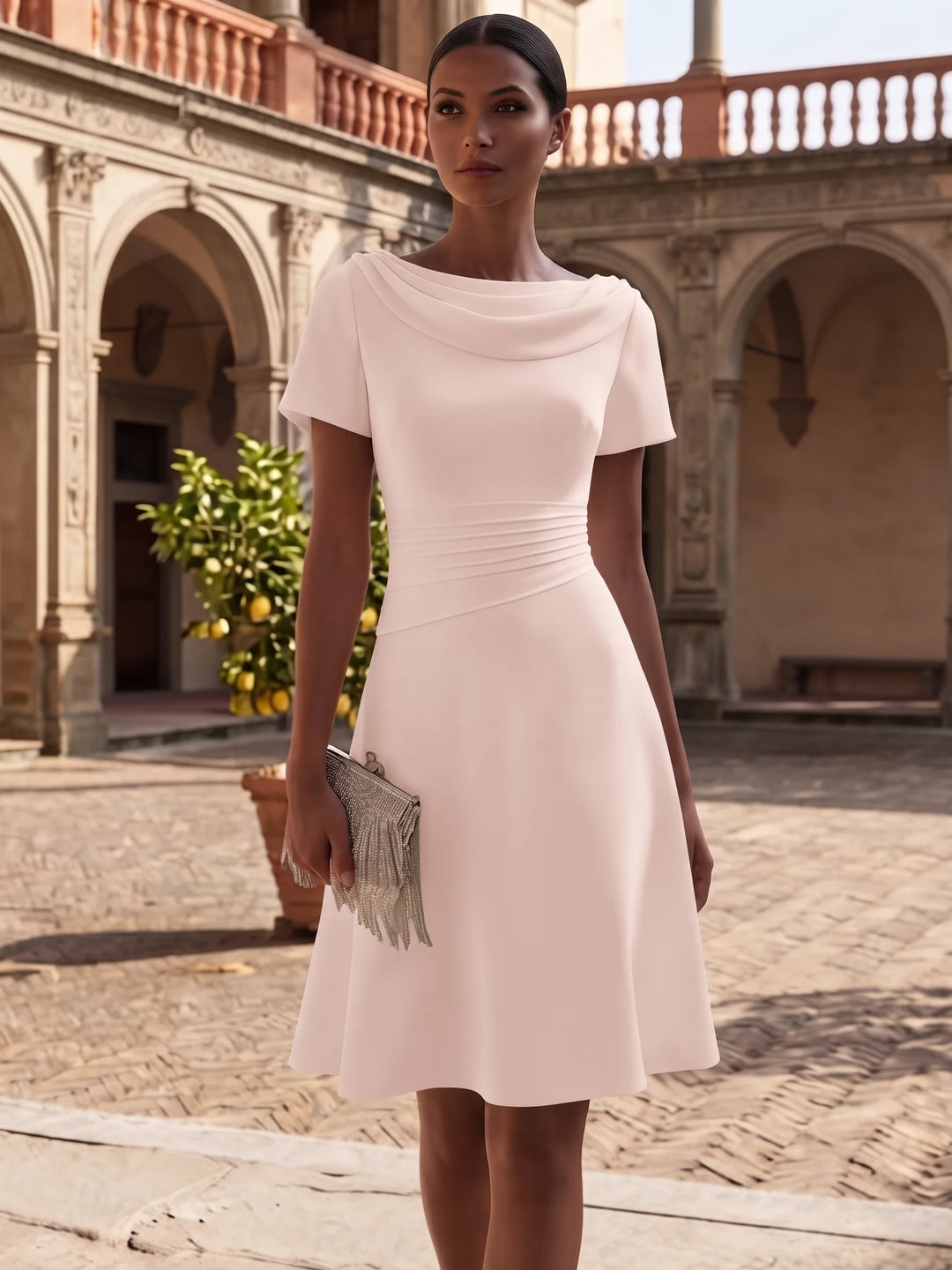 A-Line/Princess Cowl Neck Stretch Satin Cocktail Dresses Knee-Length Short Sleeves Little White Dresses Ruched Party Dresses