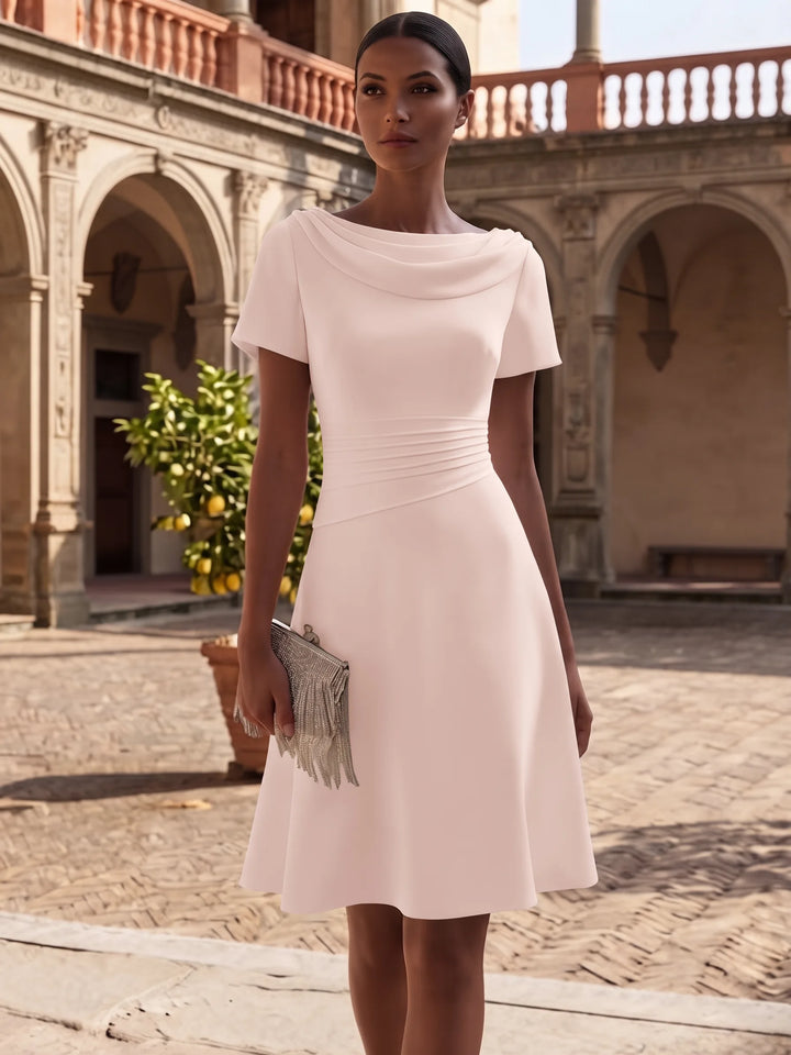 A-Line/Princess Cowl Neck Stretch Satin Cocktail Dresses Knee-Length Short Sleeves Little White Dresses Ruched Party Dresses