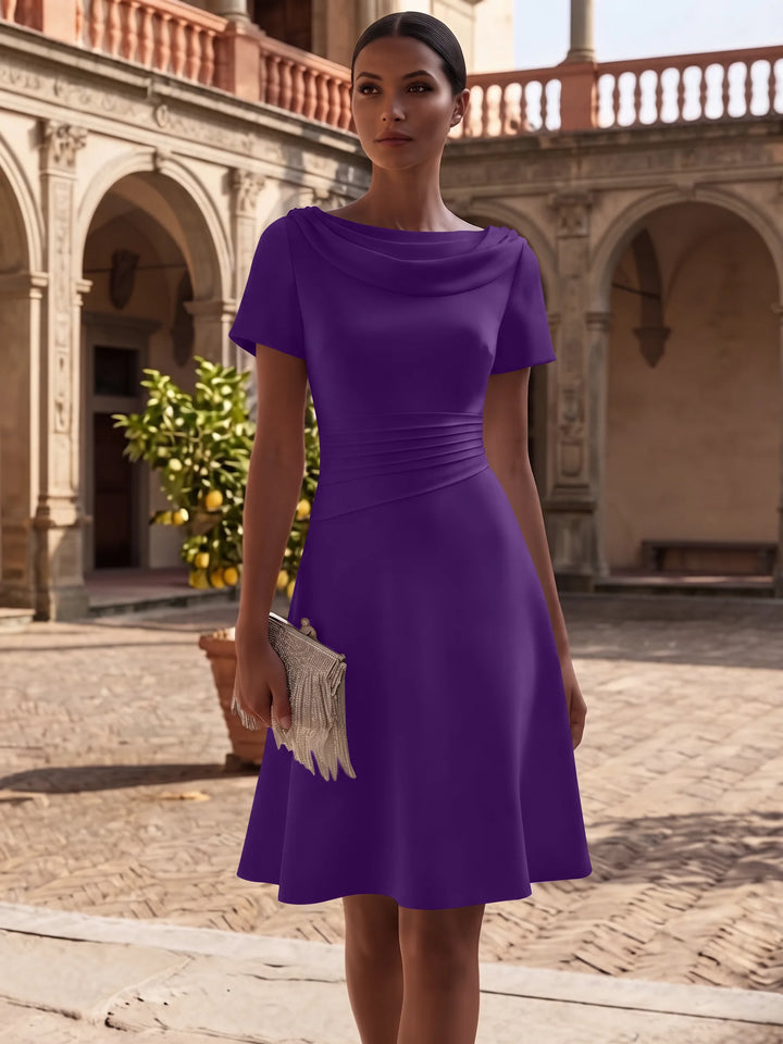 A-Line/Princess Cowl Neck Stretch Satin Cocktail Dresses Knee-Length Short Sleeves Little White Dresses Ruched Party Dresses