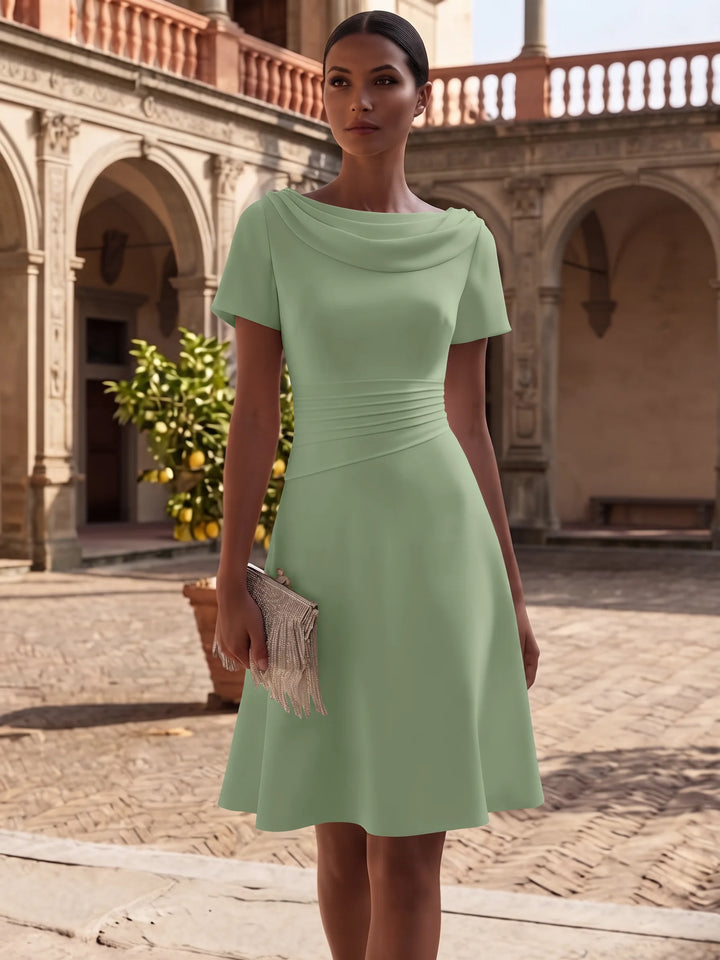 A-Line/Princess Cowl Neck Stretch Satin Cocktail Dresses Knee-Length Short Sleeves Little White Dresses Ruched Party Dresses