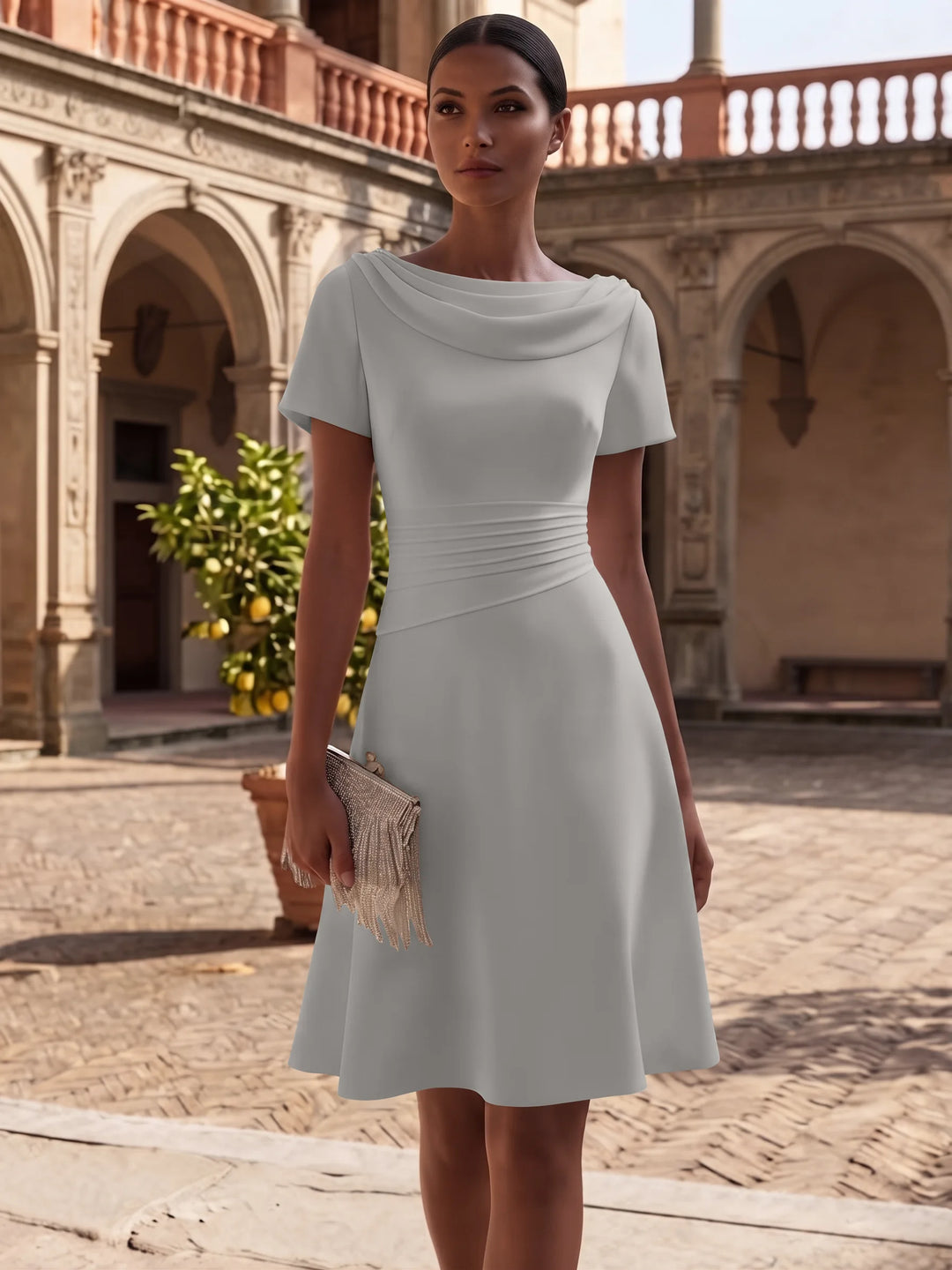 A-Line/Princess Cowl Neck Stretch Satin Cocktail Dresses Knee-Length Short Sleeves Little White Dresses Ruched Party Dresses