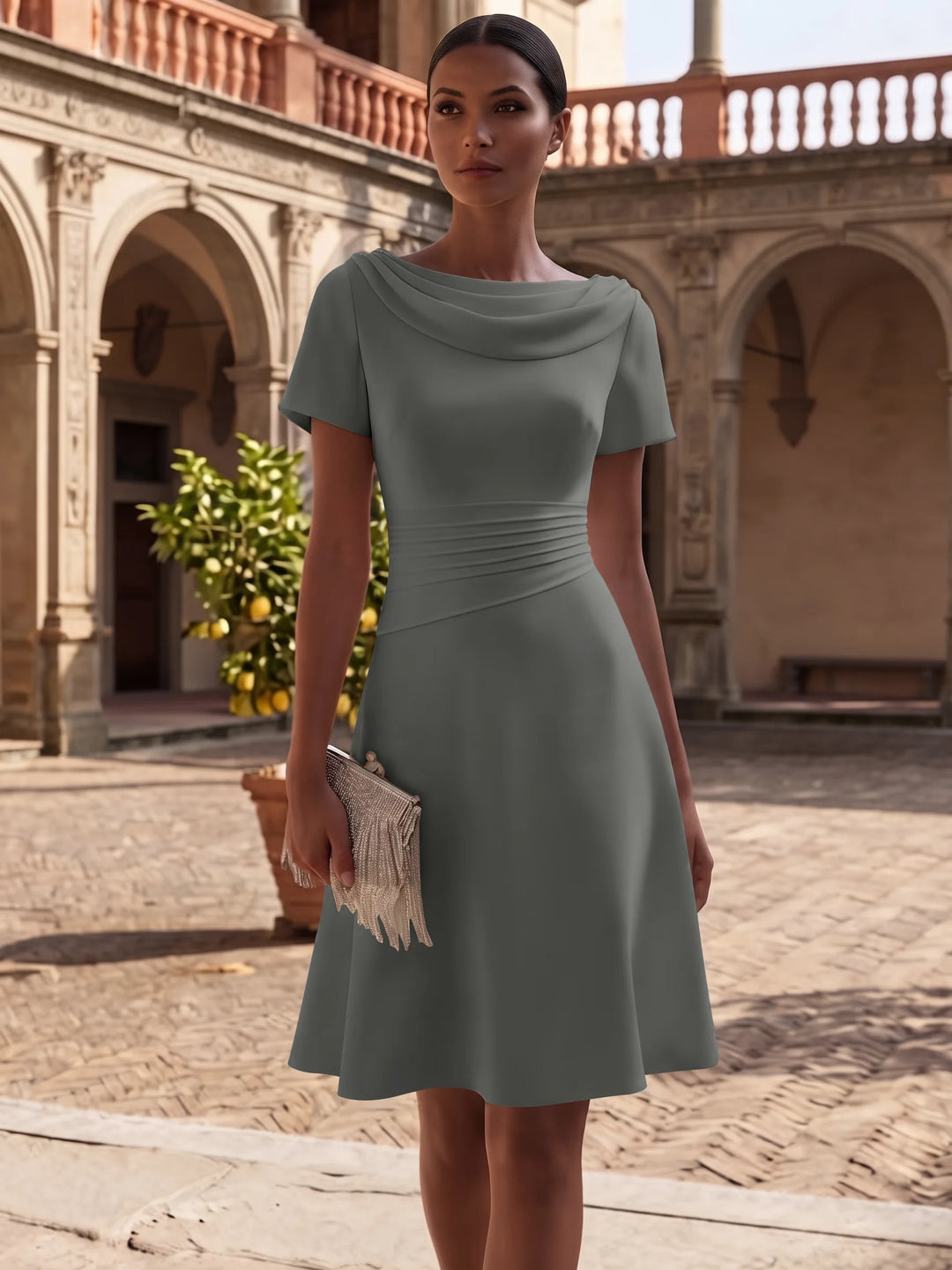 A-Line/Princess Cowl Neck Stretch Satin Cocktail Dresses Knee-Length Short Sleeves Little White Dresses Ruched Party Dresses