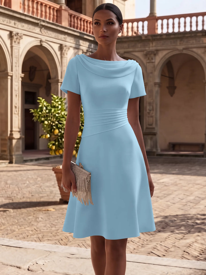 A-Line/Princess Cowl Neck Stretch Satin Cocktail Dresses Knee-Length Short Sleeves Little White Dresses Ruched Party Dresses