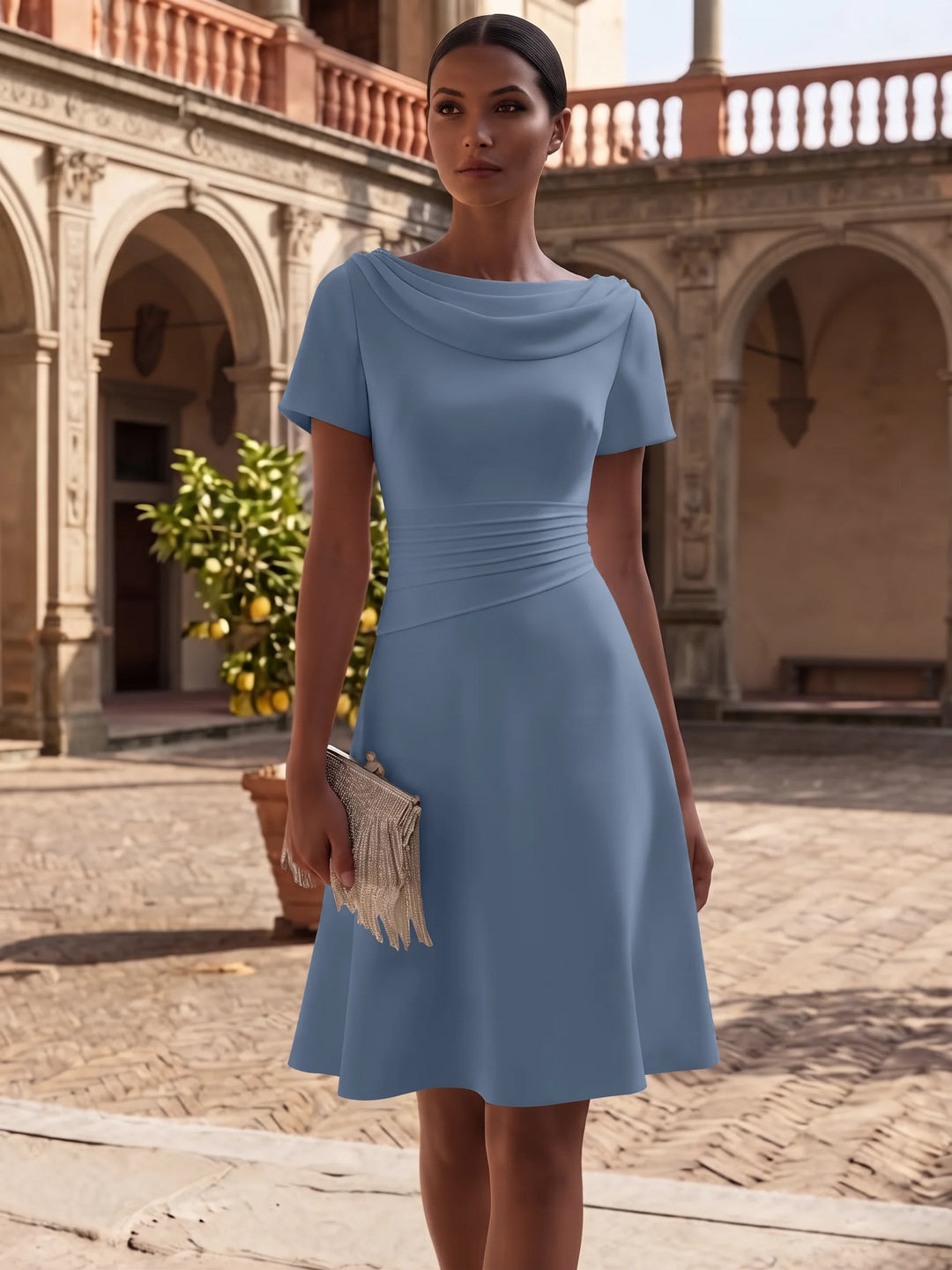 A-Line/Princess Cowl Neck Stretch Satin Cocktail Dresses Knee-Length Short Sleeves Little White Dresses Ruched Party Dresses