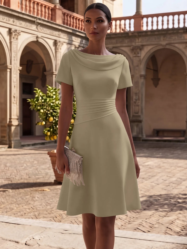 A-Line/Princess Cowl Neck Stretch Satin Cocktail Dresses Knee-Length Short Sleeves Little White Dresses Ruched Party Dresses