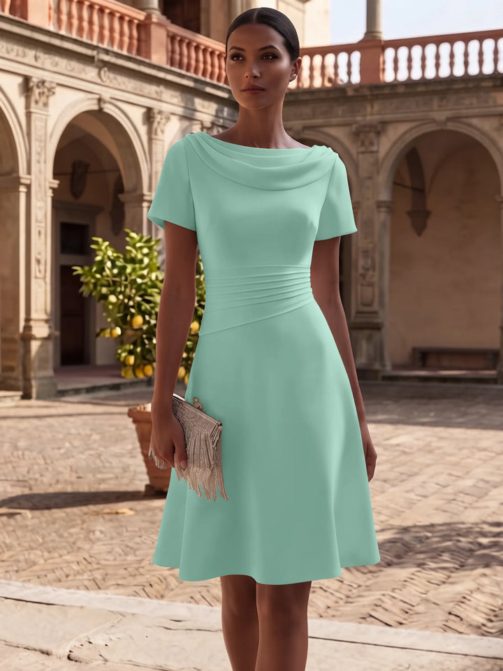 A-Line/Princess Cowl Neck Stretch Satin Cocktail Dresses Knee-Length Short Sleeves Little White Dresses Ruched Party Dresses