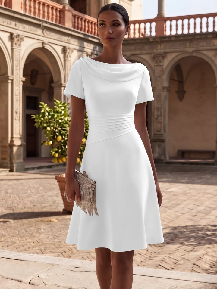 A-Line/Princess Cowl Neck Stretch Satin Cocktail Dresses Knee-Length Short Sleeves Little White Dresses Ruched Party Dresses