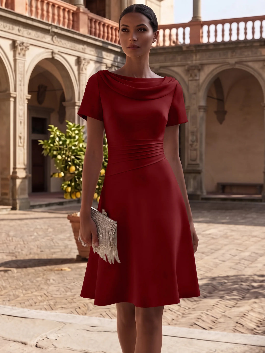 A-Line/Princess Cowl Neck Stretch Satin Cocktail Dresses Knee-Length Short Sleeves Little White Dresses Ruched Party Dresses