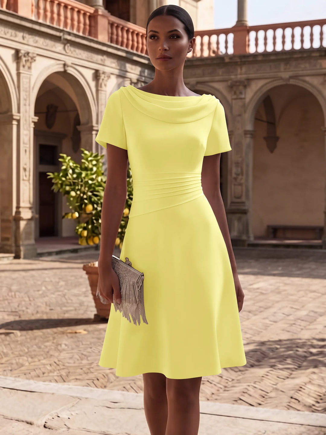 A-Line/Princess Cowl Neck Stretch Satin Cocktail Dresses Knee-Length Short Sleeves Little White Dresses Ruched Party Dresses