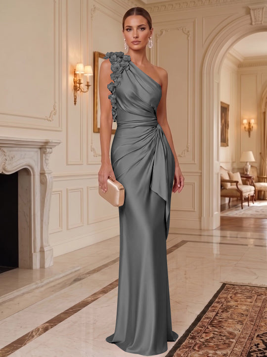 Sheath/Column One-Shoulder Silk Satin Evening Dresses with 3D Flowers Sleeveless Floor-Length Ruffles Formal Dresses